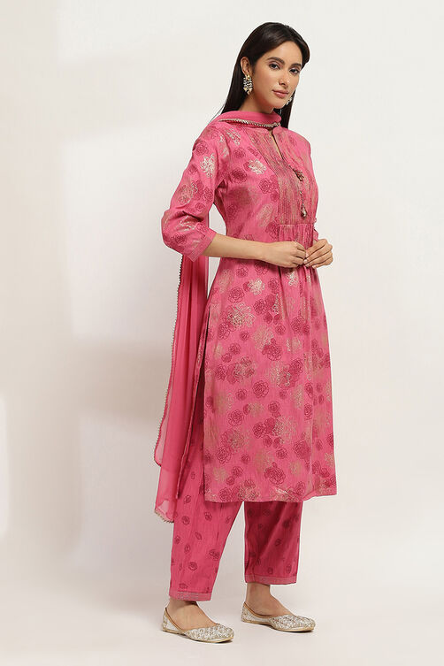 Green Viscose Blend Gathered Printed Kurta Salwar Suit Set image number 5