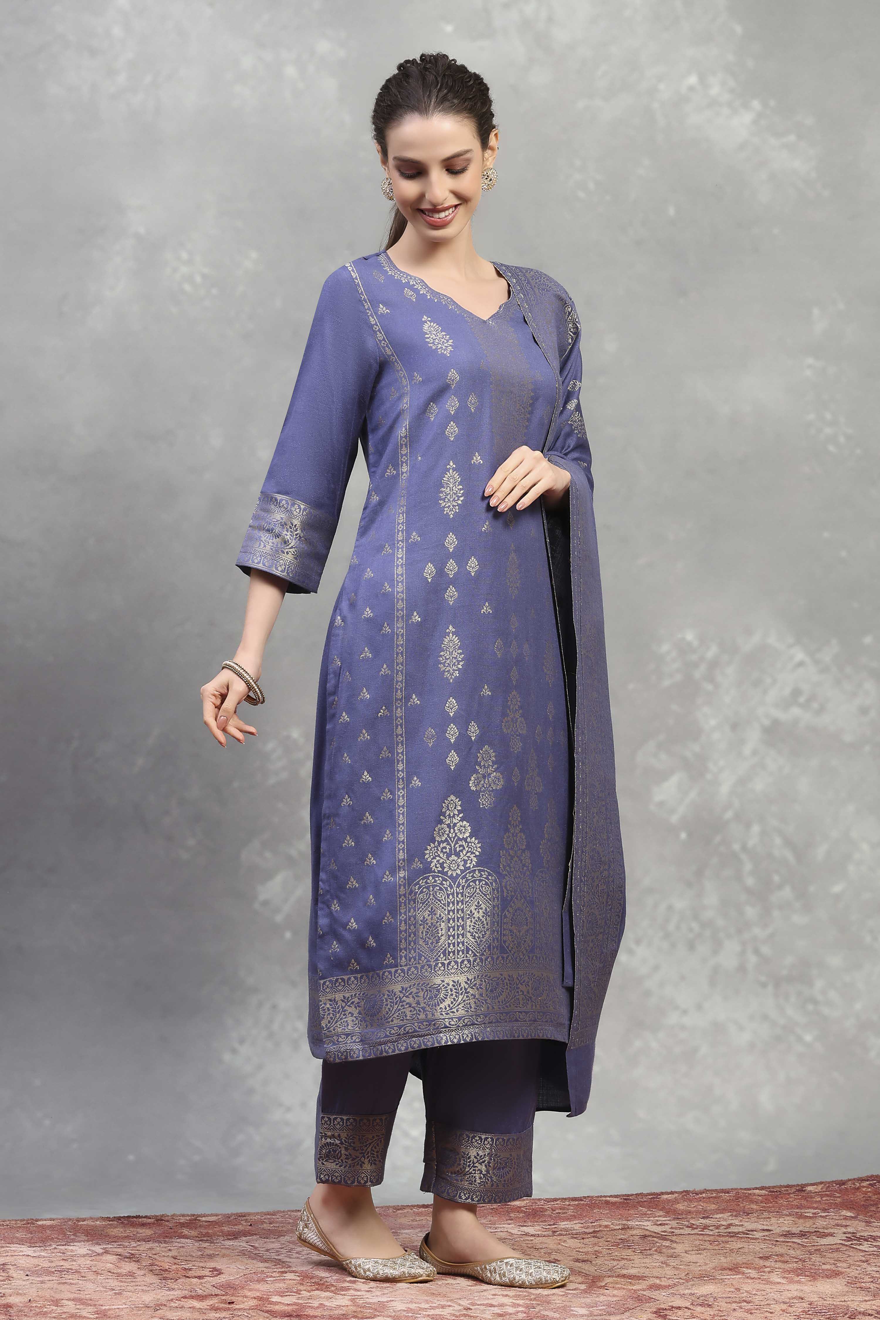 Blue Polyester Yarndyed Straight Suit Set image number 5