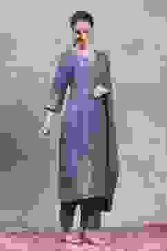 Blue Polyester Yarndyed Straight Suit Set image number 5