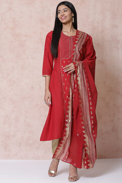 Red Cotton Flax A Line Kurta image number 3