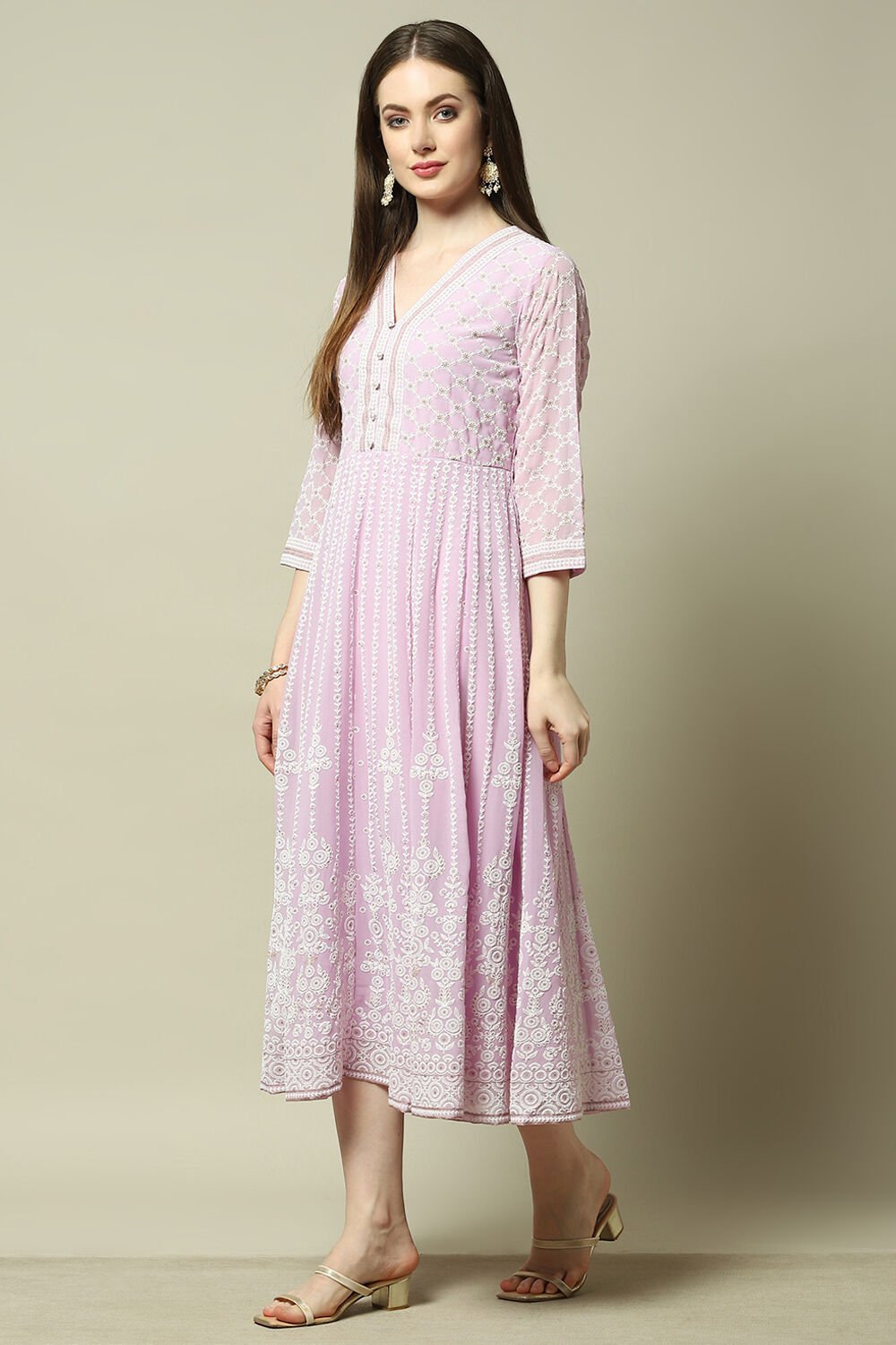Lavender Poly Georgette Embroidered Flared Dress image number 2