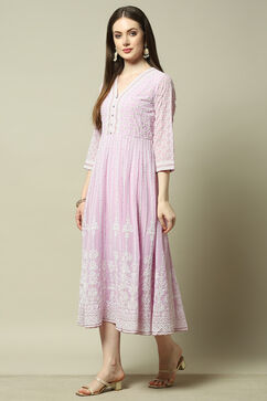 Lavender Poly Georgette Embroidered Flared Dress image number 2
