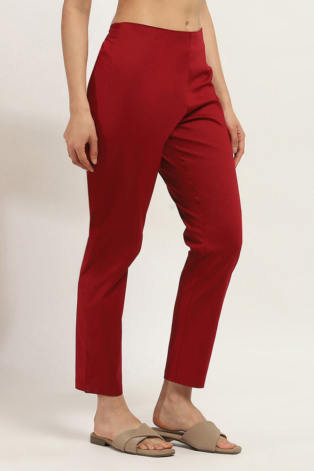 Maroon Cotton Solid Regular Pants image number 3