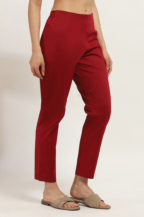 Maroon Cotton Solid Regular Pants image number 3