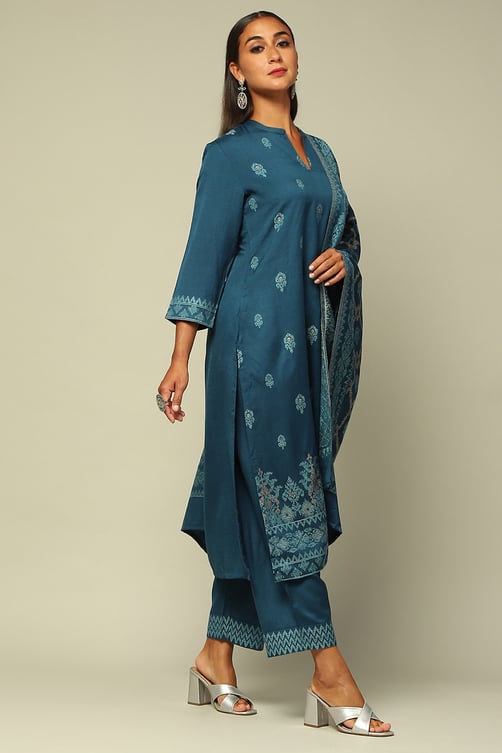 Blue Acrylic Straight Yarn Dyed Kurta Palazzo Suit Set image number 5