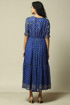 Coblt Blue Polyester Kalidar Printed Dress image number 3