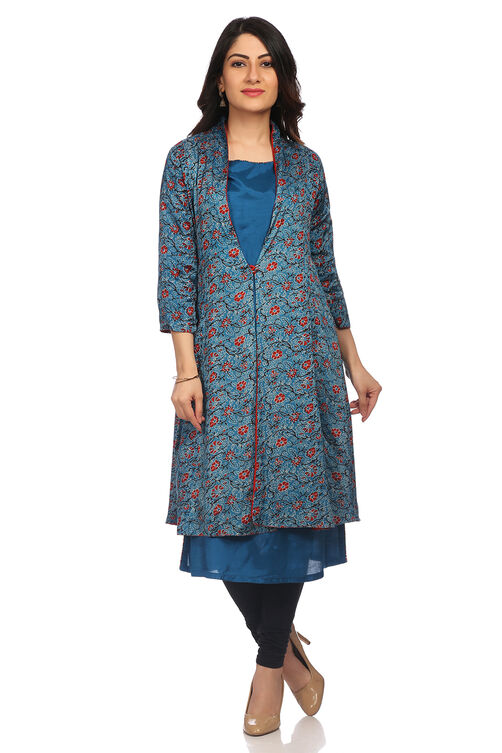 Teal Blue Flared Viscose Jacket image number 4