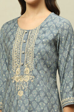 Blue Viscose Muslin Straight Printed Kurta Pants Suit Set image number 1