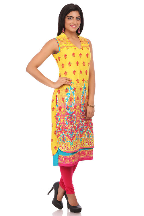 Yellow Cotton Straight Kurta image number 3