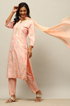 Pink Viscose Muslin Straight Printed Kurta Palazzo Suit Set image number 0