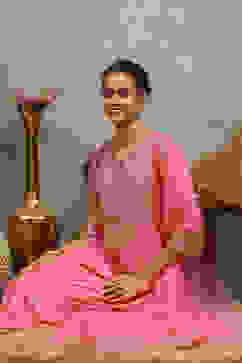 Pink Viscose Blend Embroidered Kalidar Suit Set image number 6