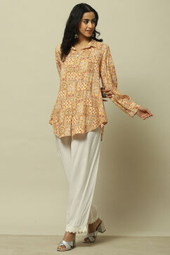 Mustard Yellow Printed Shirt-Style Kurti image number 0