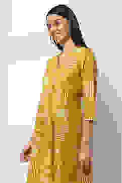 Yellow Cotton Printed Flared Dress image number 1