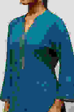 Teal Blue Rayon Straight Printed Kurta Salwar Pants Suit Set image number 1