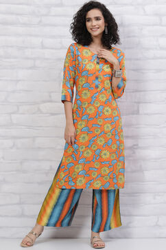Orange LIVA Kurta Pants Set image number 0