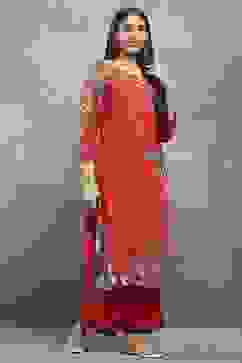 Red Viscose Straight Kurta Pants Set image number 5