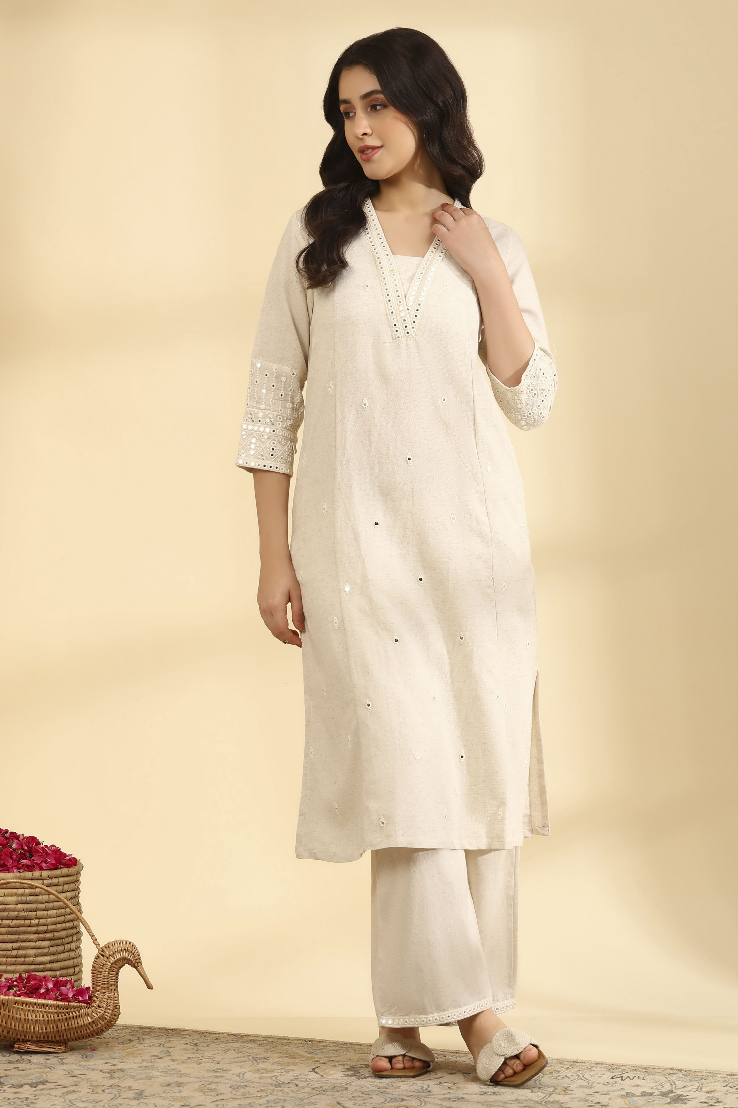 Off White Rayon Flex Straight Co-ord Set image number 6