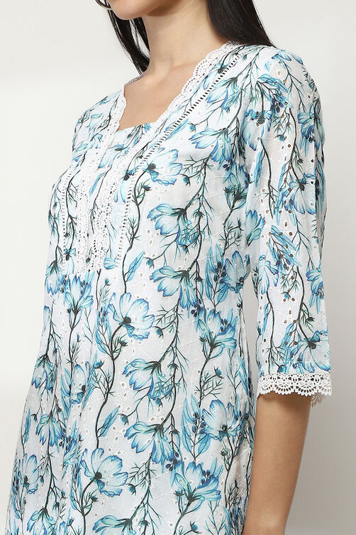White and Blue Cotton Straight Co-ord Set image number 1