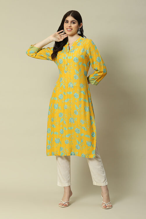 Mustard LIVA Straight Printed Kurta image number 0