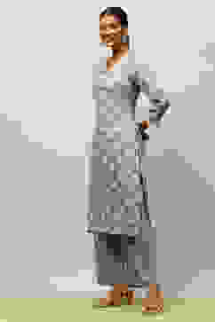 Grey Viscose Blend Straight Printed Kurta Palazzo Suit Set image number 3