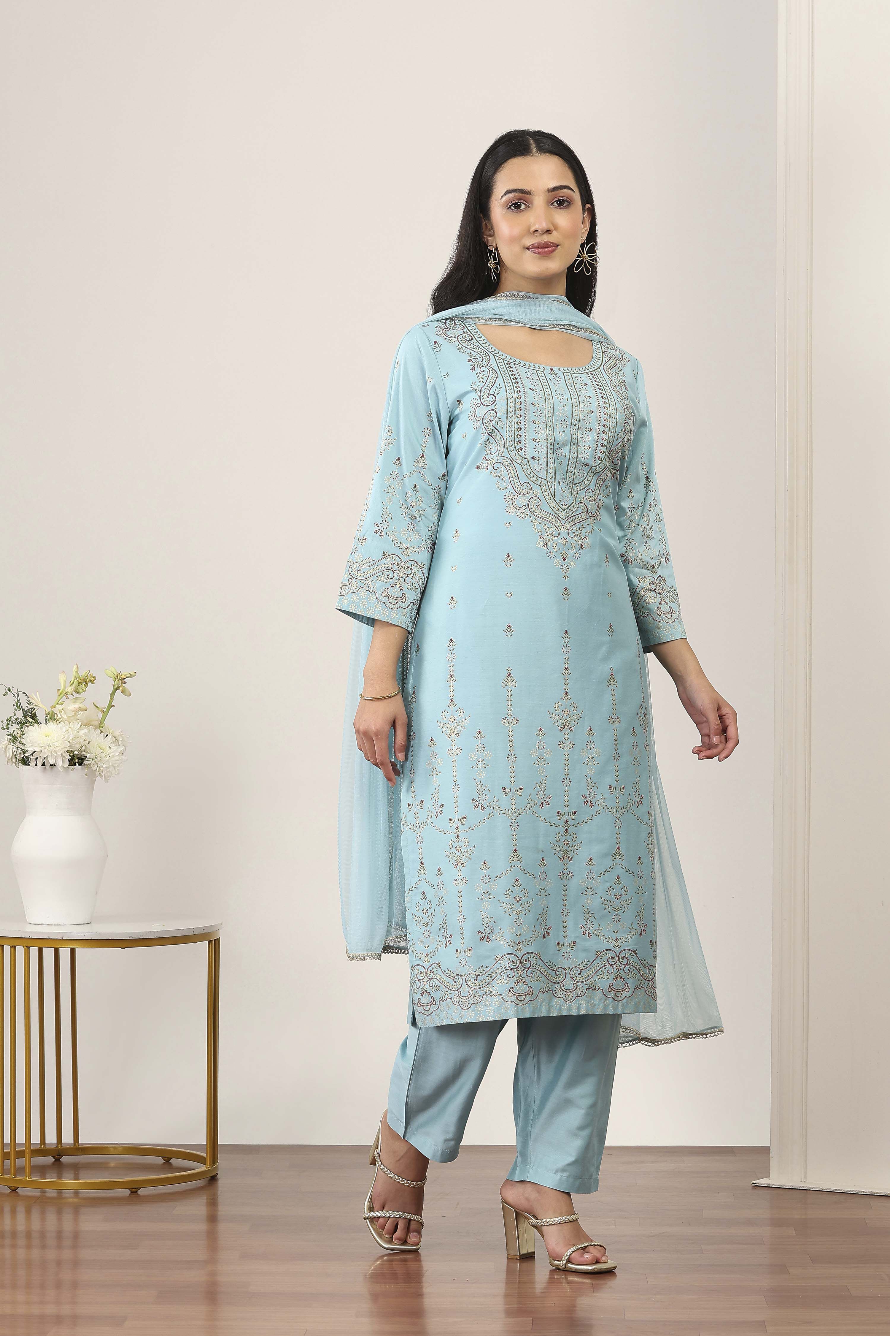 Blue Viscose Polyester Straight Suit Sets image number 5