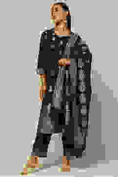 Black Acrylic Straight Yarn Dyed Kurta Palazzo Suit Set image number 6