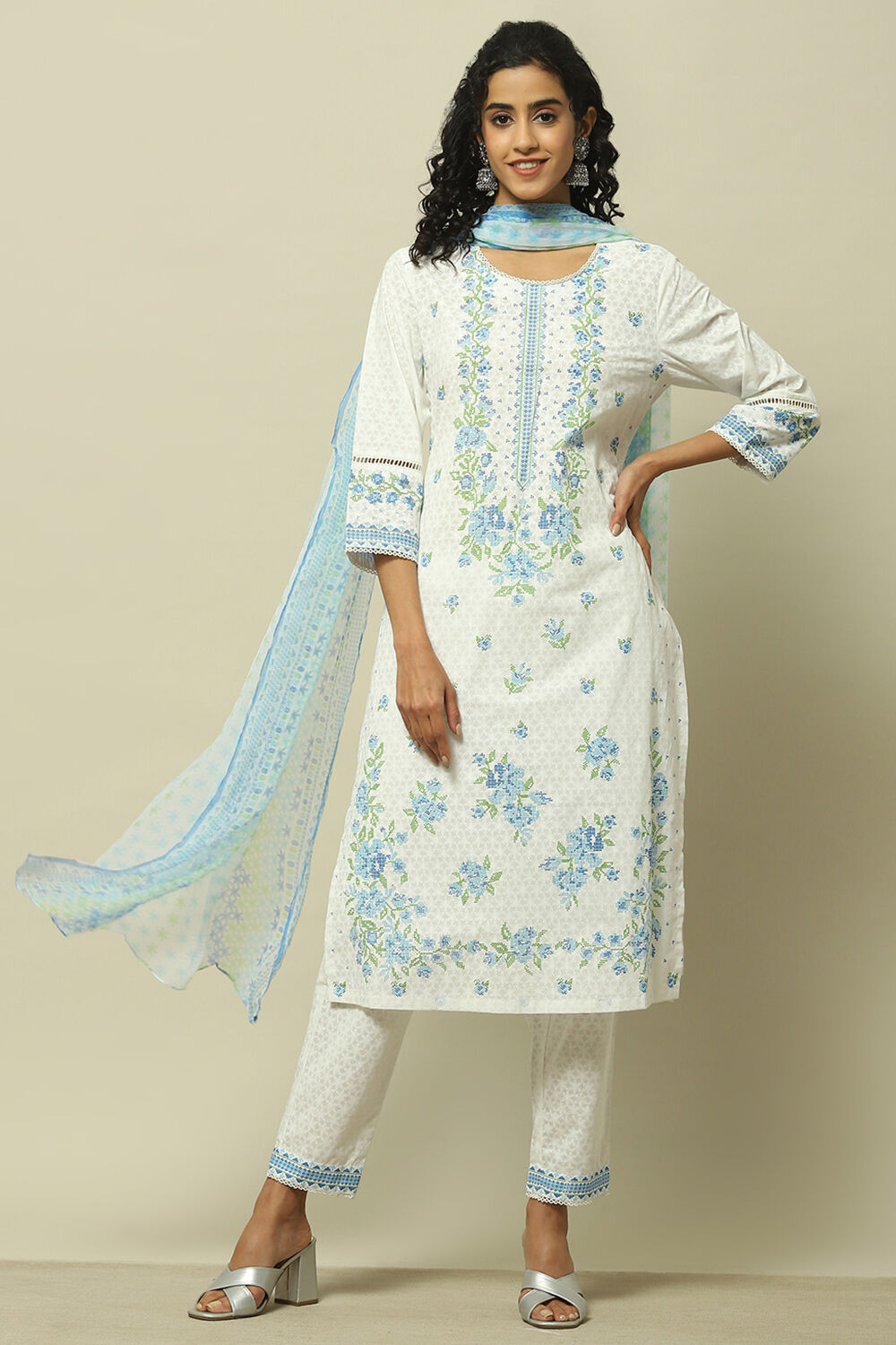 White Cambric Floral Printed Straight Kurta Set image number 0