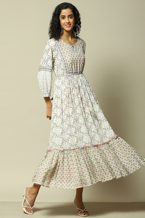 Buy Ecru LIVA Tiered Printed Dress 1N by Rangriti Buy Ecru LIVA Tiered Printed Dress 1N by Rangriti