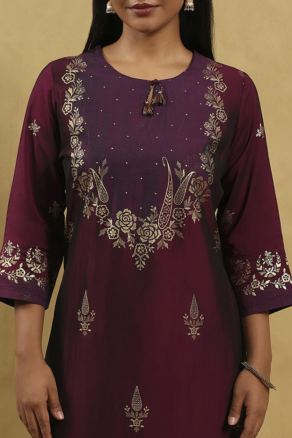 Wine Art Silk Printed Straight Kurta image number 1