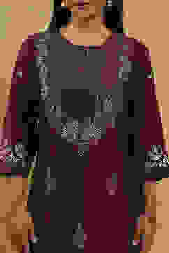 Wine Art Silk Printed Straight Kurta image number 1