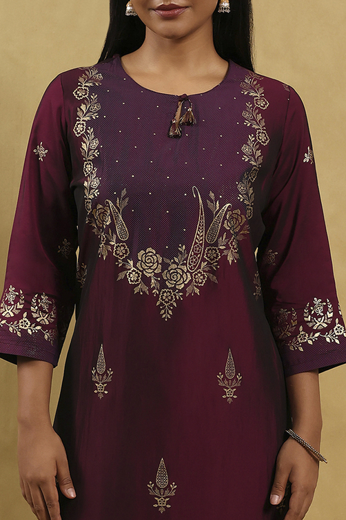 Wine Art Silk Printed Straight Kurta image number 1