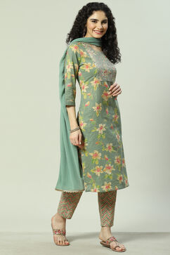 Green Cotton Blend Straight Suit Set image number 6