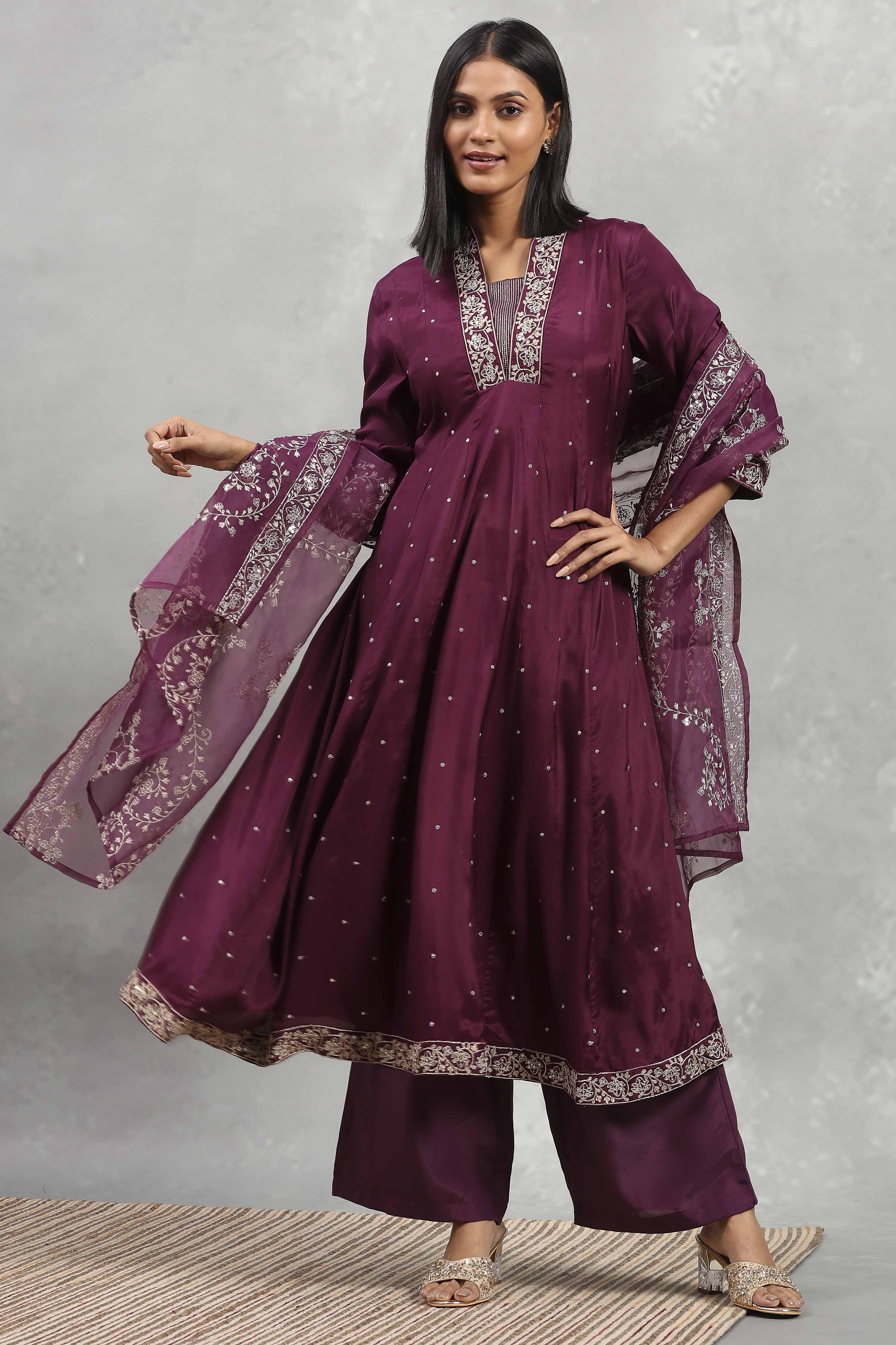 Purple Viscose Rayon Embroidered Kalidar Suit Set image number 0