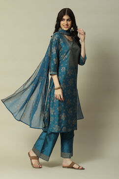 Teal Blue LIVA Straight Printed Suit Set image number 6
