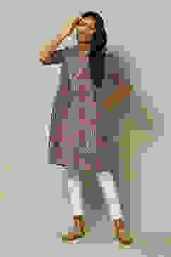 Grey LIVA Straight Printed Kurta image number 0