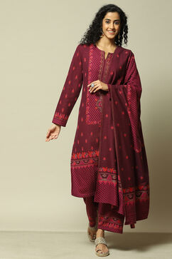 Wine Cotton Blend Straight Printed Kurta Palazzo Suit Set image number 0