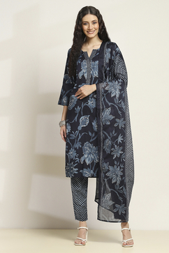Navy Blue Cotton Floral Printed Straight Suit Set image number 6