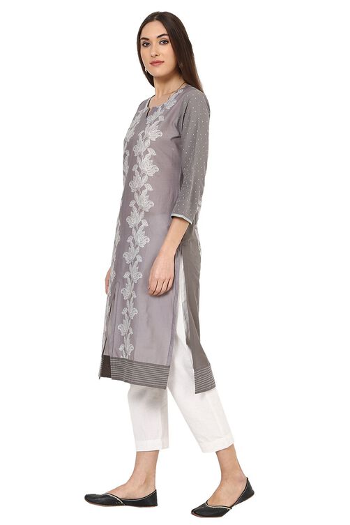 Grey Straight Cotton Kurta image number 4