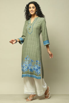 Green LIVA Straight Printed Kurta image number 2