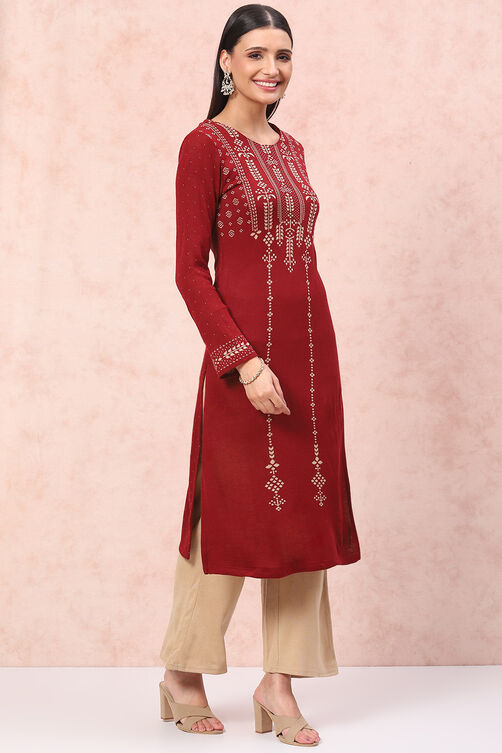 Maroon Acrylic Straight Kurta image number 3