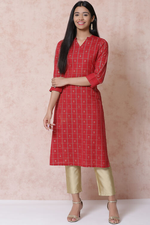 Red Cotton Flax Straight Kurta image number 0