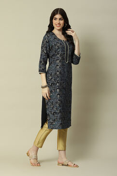 Blue LIVA Straight Printed Kurta image number 3