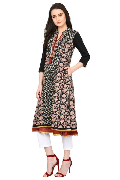 Black Flared Cotton Kurta image number 3