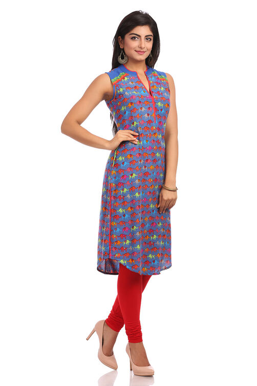 Blue Straight Cotton Kurta image number 2