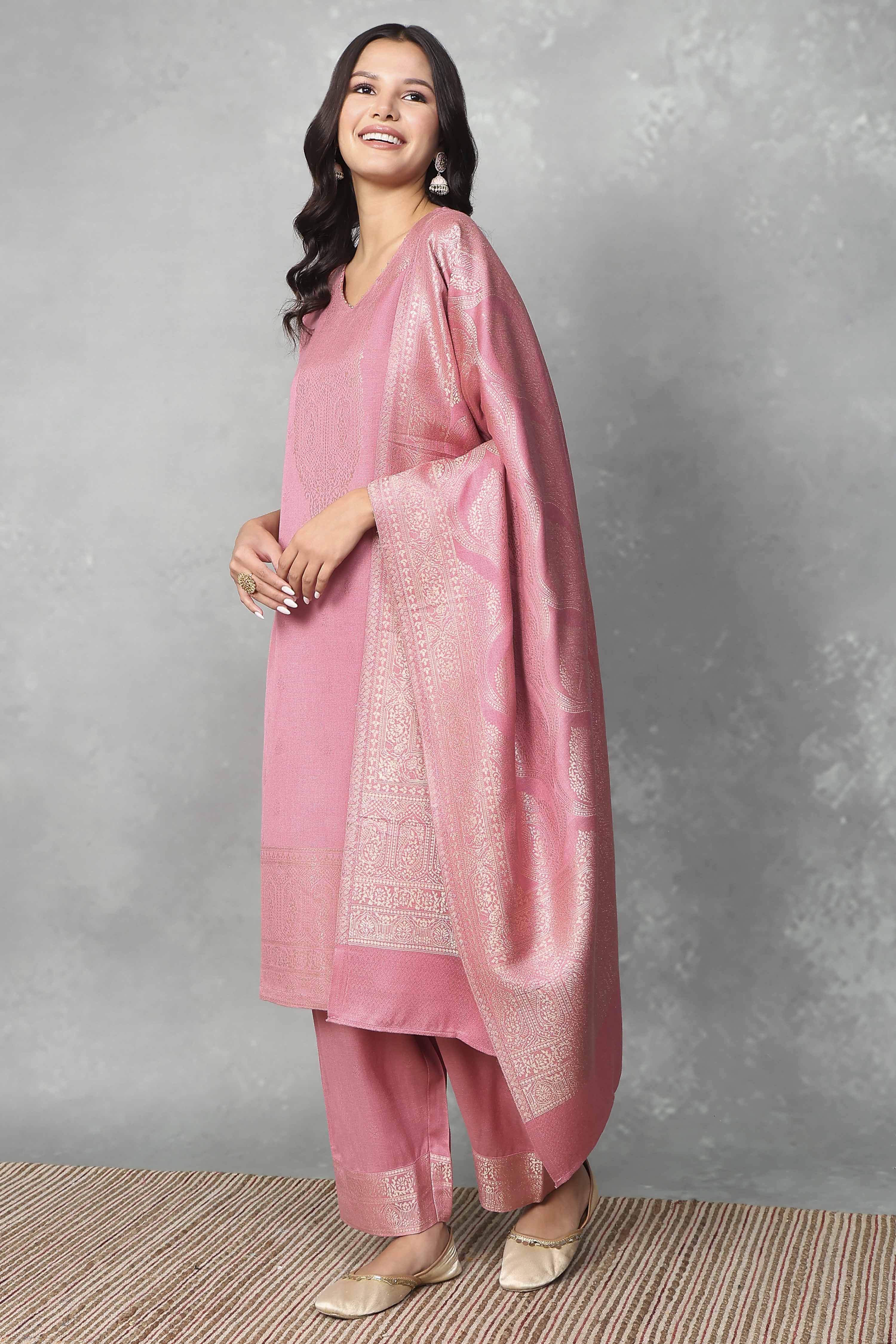 Pink Polyester Yarndyed Straight Suit Set image number 3