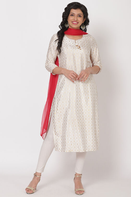 Off White Viscose Straight Suit Set image number 3