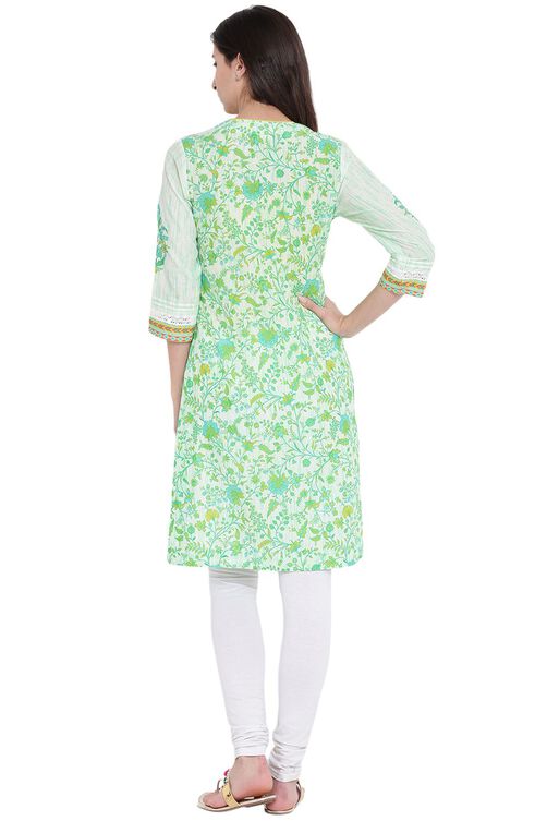 Green Cotton A-Line Kurta image number 4