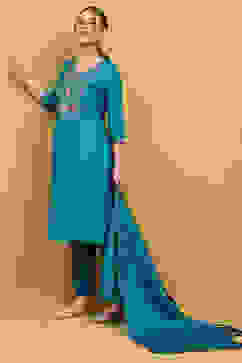 Teal Blue Pleated Straight Suit Set image number 0