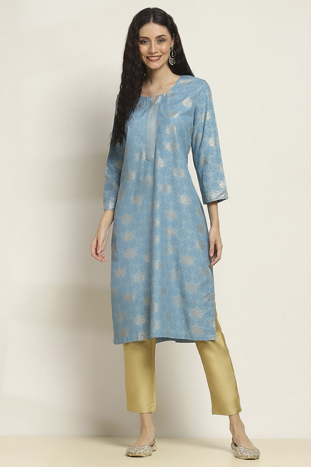 Blue Printed Straight Kurta image number 5