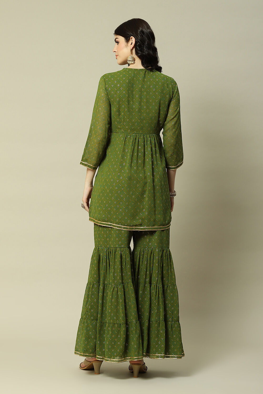 Green Viscose Gathered Printed Kurta Sharara Suit Set image number 4